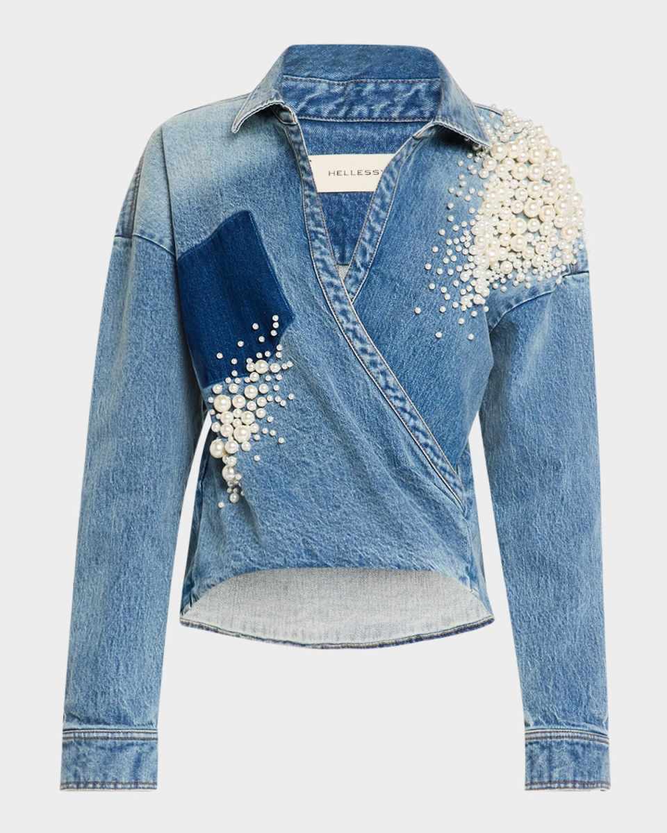 Astro Embellished Denim Wrap Shirt